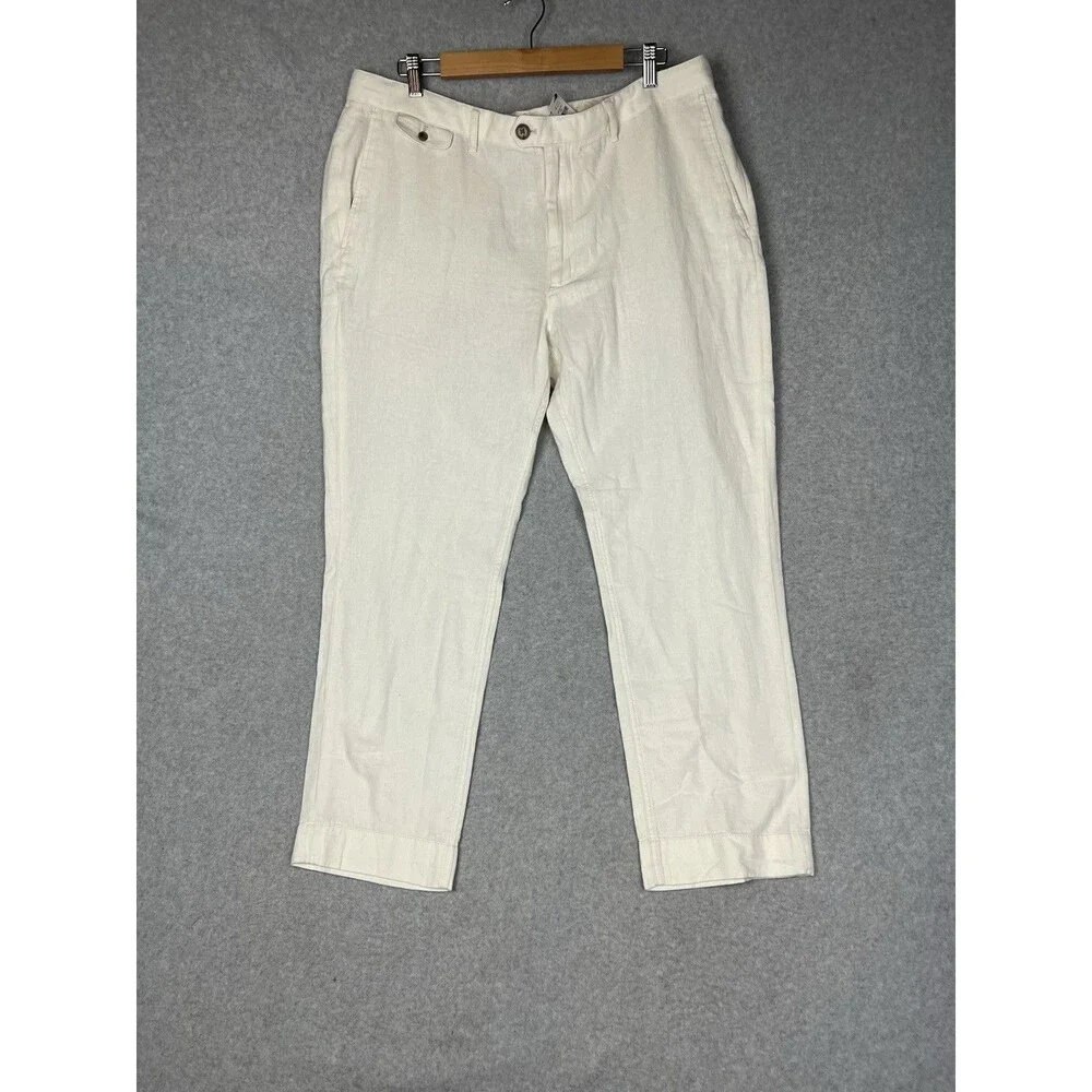 NWT Banana Republic Linen Blend Men 38x30 Ivory Slim Straight Trouser Dress Pant